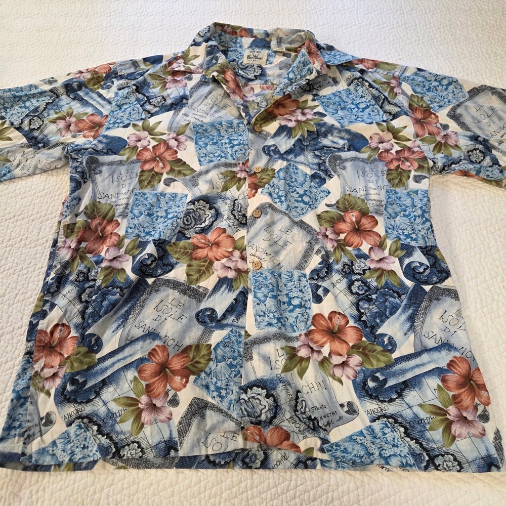 Pau Hana Hawaii Mens Large Blue Floral Map Hibiscus Cotton Viscose Aloha Shirt